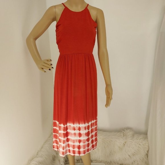 "LOFT" RED TIE DYE HEM ELASTIC WAIST BLOUSON SLEEVELESS MIDI DRESS SIZ: XS NWT